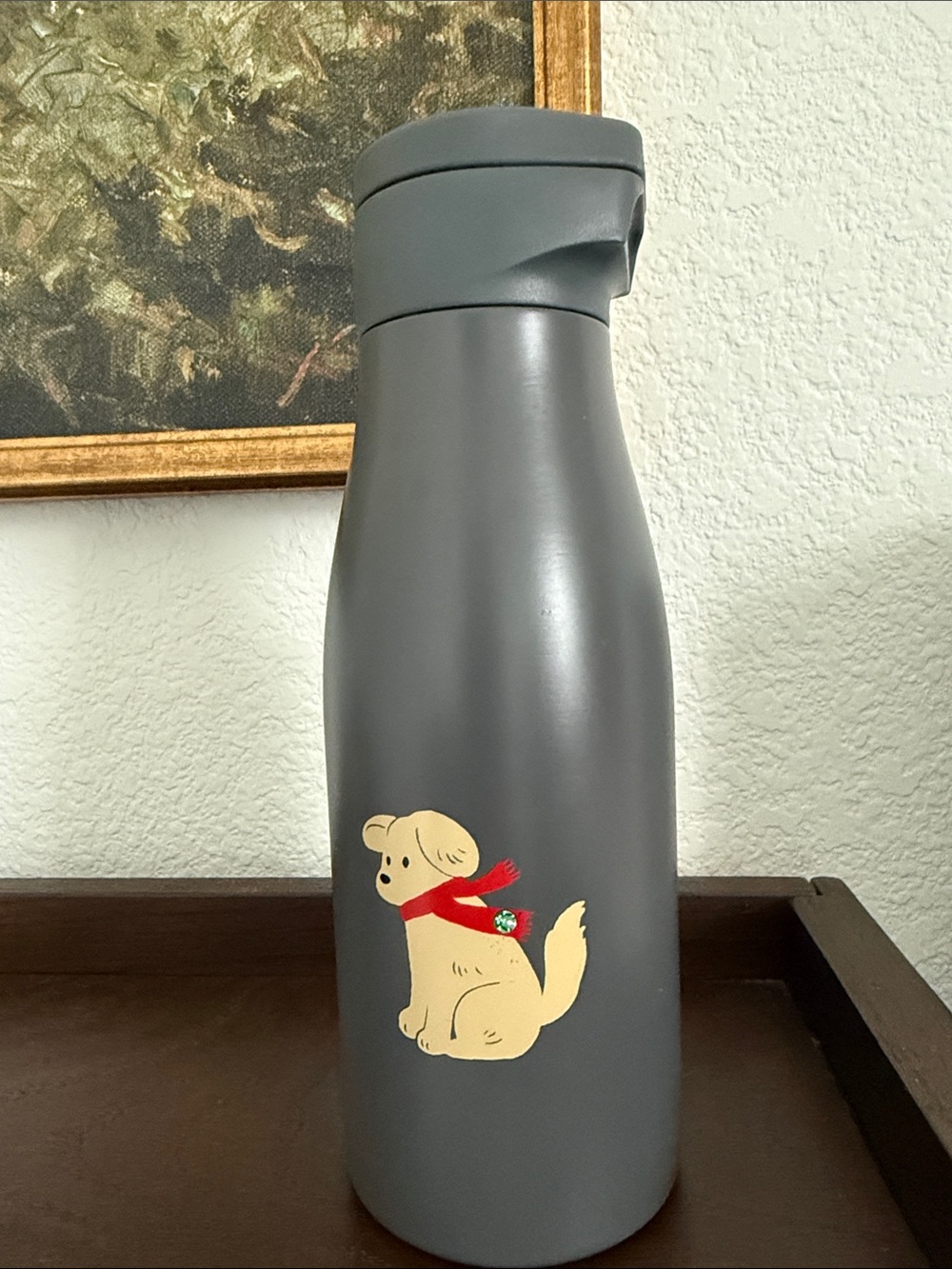 Starbucks Gray Insulated Bottle with Cream Dog and Red Scarf